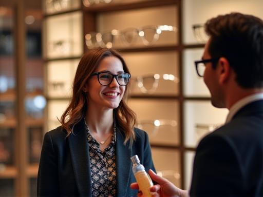 Client choisissant des montures de lunettes avec l'aide d'un opticien